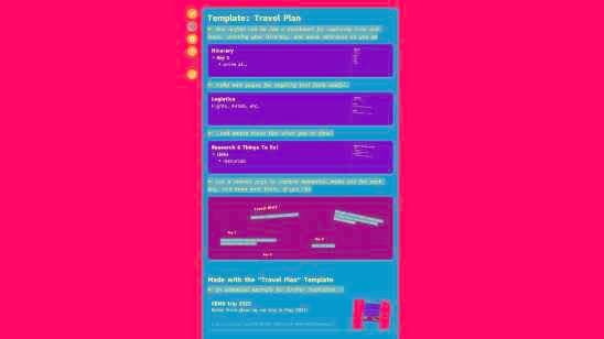 preview image of a Travel Plan template, with pages for itinerary, logistics, research, and a travel diary canvas