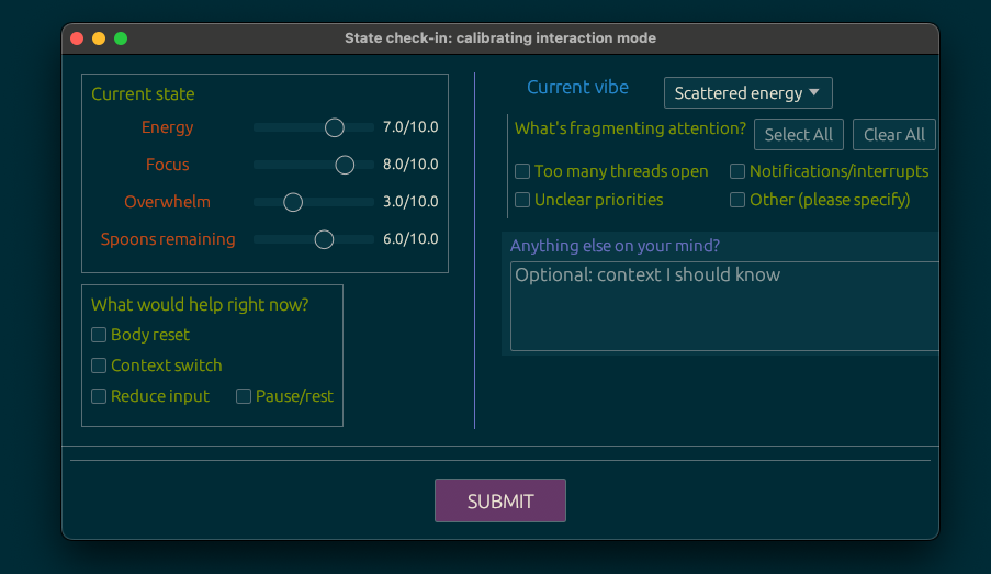 A popup dialogue with multiple conditional checkboxes, sliders, and text areas
